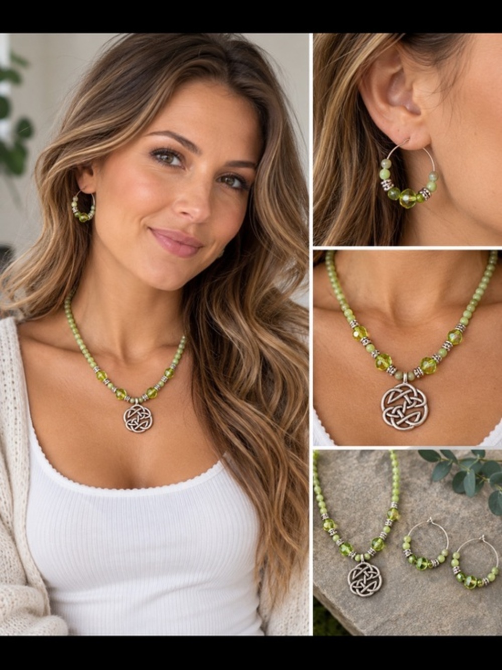 Green Beaded Celtic Knot Pendant Necklace & Hoop Earrings Set